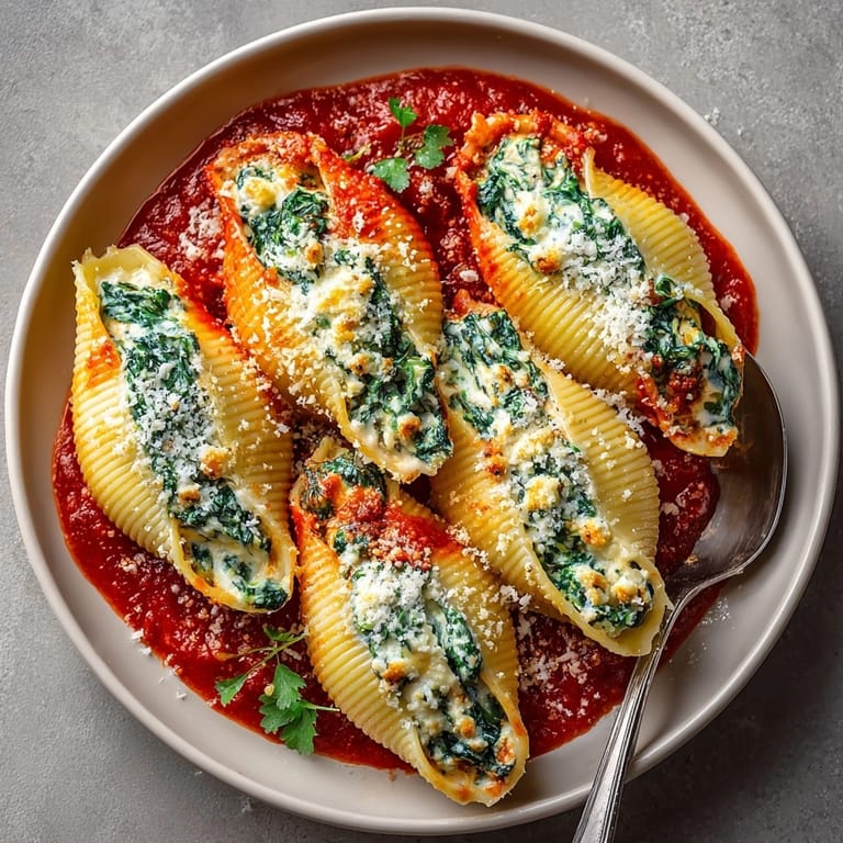 Classic Italian ricotta stuffed shells with spinach garnished with Parmesan, perfect for a cozy vegetarian dinner.