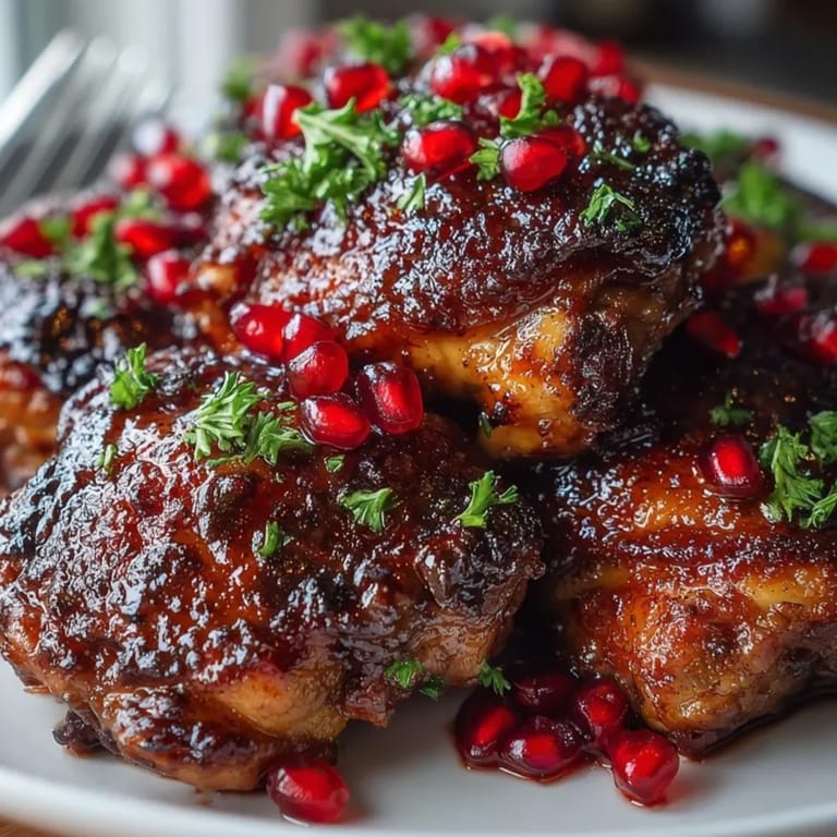 Juicy, oven-roasted Pomegranate Glazed Chicken Thighs with a sticky-sweet glaze and vibrant garnishes on a platter.