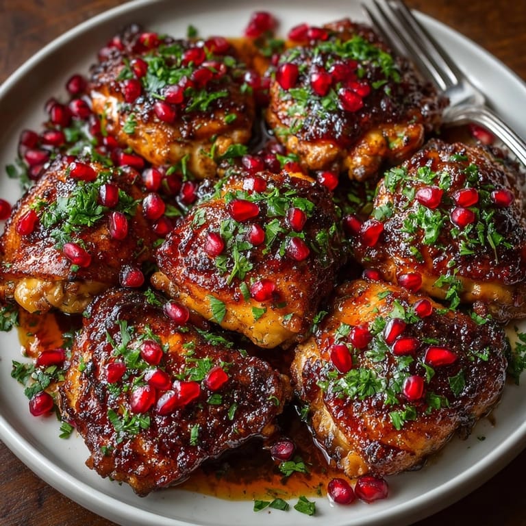 Crisp-skinned Pomegranate Glazed Chicken Thighs served hot, drizzled with tangy glaze and accented by fresh herbs.