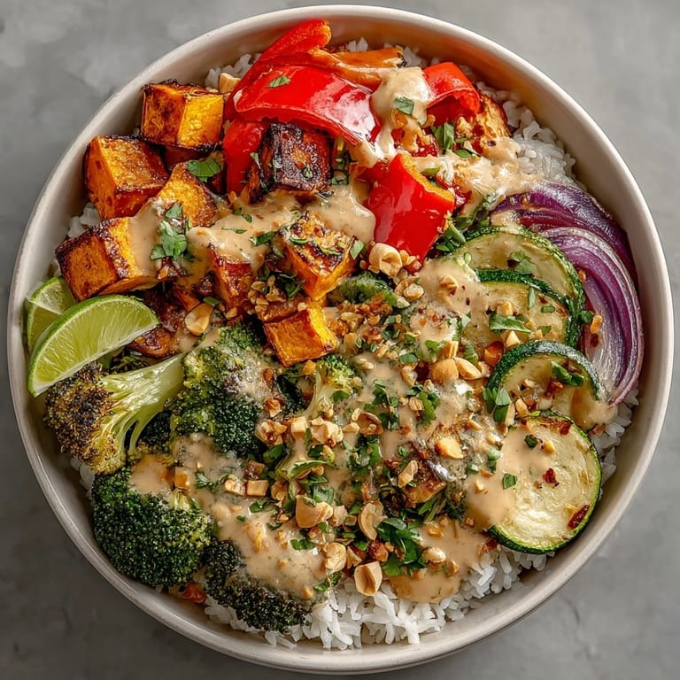 Vegan Thai Peanut Roasted Vegetable Bowl featuring vibrant veggies, crunchy peanuts, and lime wedges.