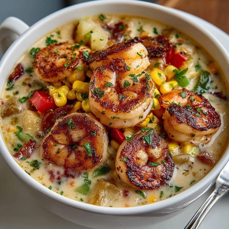 Bowl of Cajun shrimp corn chowder with golden corn, smoky spices, and fresh parsley sprinkled on top.