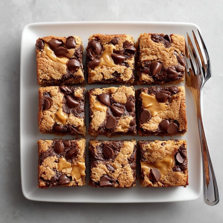 Fudgy chocolate peanut butter blondies served on a white plate, perfect for dessert or an afternoon treat.