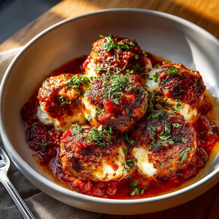 Close-up of Stuffed Cheese Turkey Meatballs cut open, gooey mozzarella filling melting onto plate.