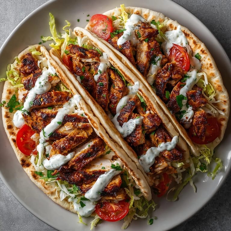 Plated Chicken Shawarma wrap bursting with Middle Eastern spices, vibrant veggies, and silky sauce.