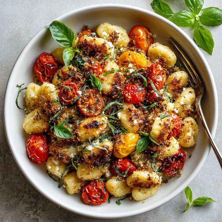 Hearty baked feta gnocchi in a rustic dish, garnished with vibrant basil and garlic.
