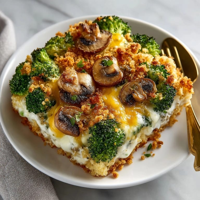 Warm Cheesy Broccoli Casserole with tender broccoli, rich cheesy layers, perfect for a cozy family meal.