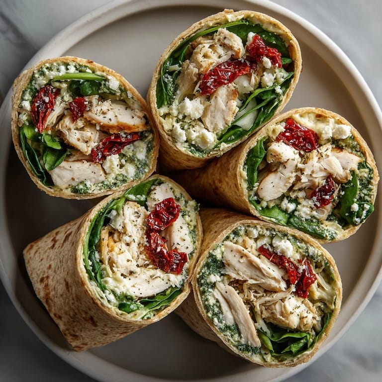 Freshly prepared Chicken Pesto Wraps with melty cheese, sun-dried tomatoes, and a light drizzle of olive oil.