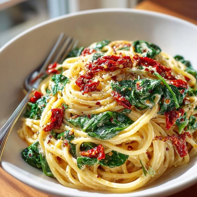 Creamy spaghetti &amp; spinach with sun-dried tomato cream sauce garnished with fresh Parmesan shavings.