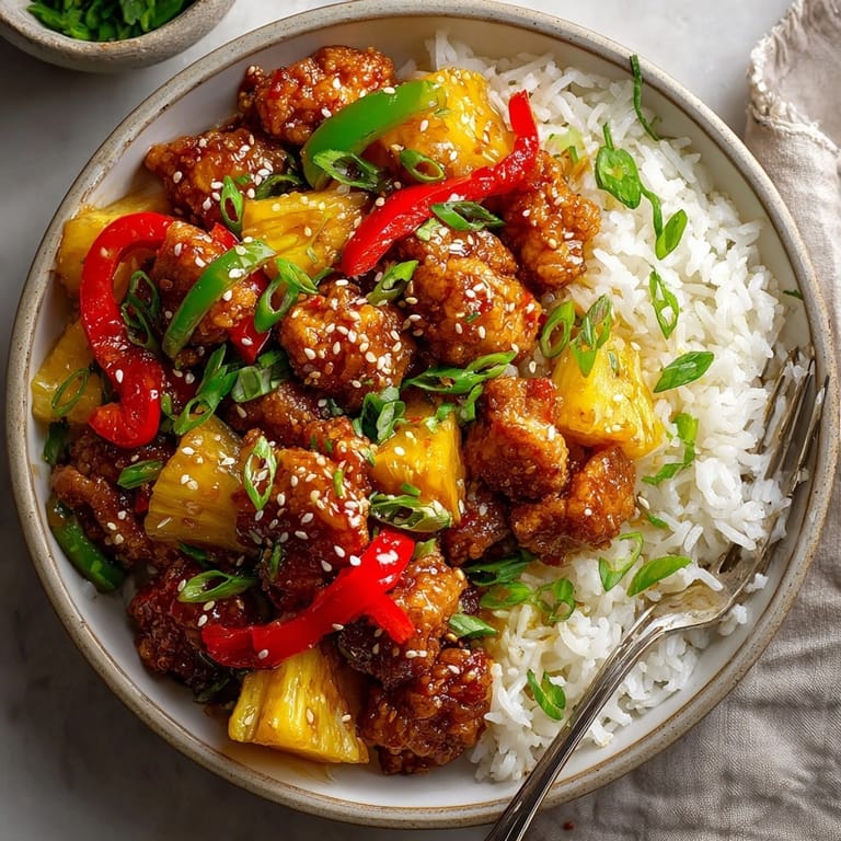 Juicy pineapple chicken and rice garnished with sesame seeds and fresh green onions for dinner.