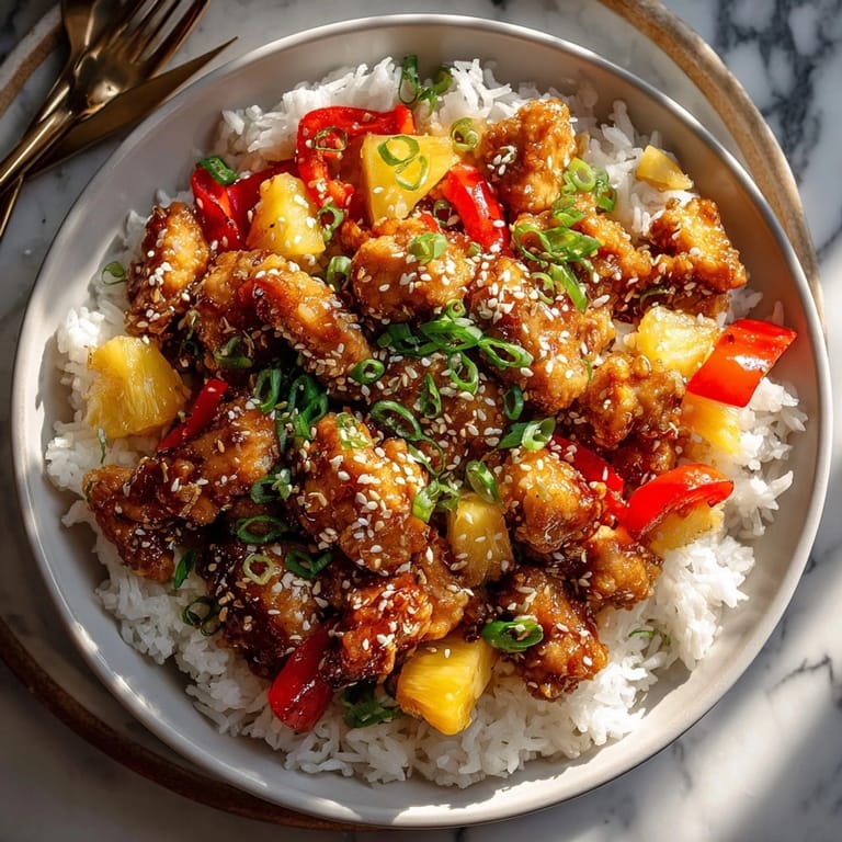 Close-up of savory pineapple chicken and rice, glazed in honey-soy sauce, ready to eat.