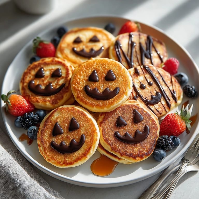 Close-up shows delightful gluten-free pumpkin pancakes decorated with chocolate faces, a festive autumn treat.