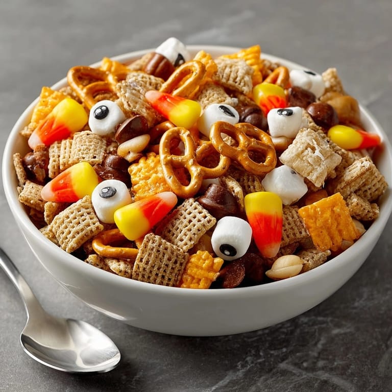 Bowl filled with colorful Monster Mash Snack Mix showing candy corn, pretzels, and cereal.