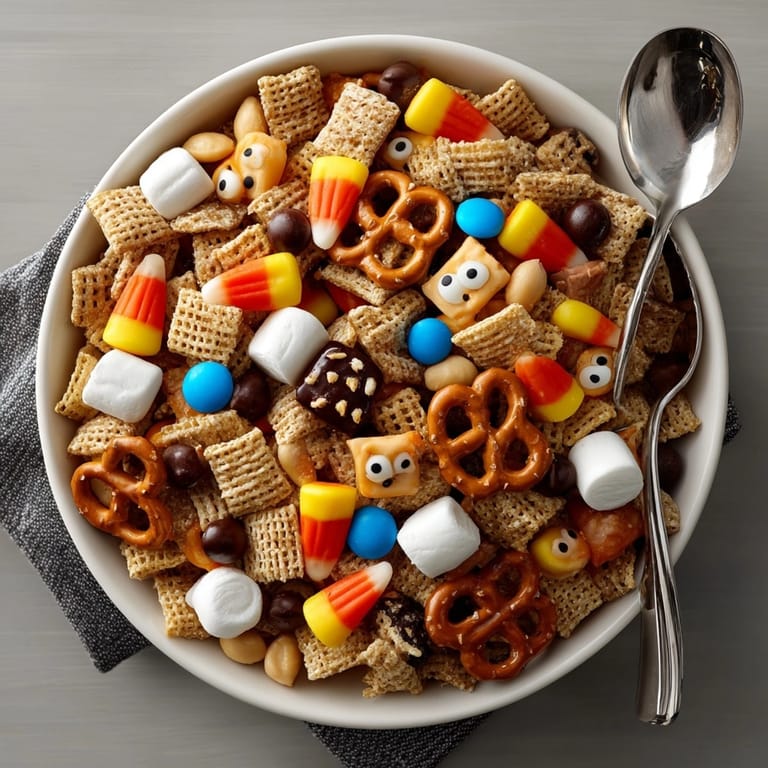 Homemade Monster Mash Snack Mix ready for a spooky Halloween party, kid-friendly and delicious.