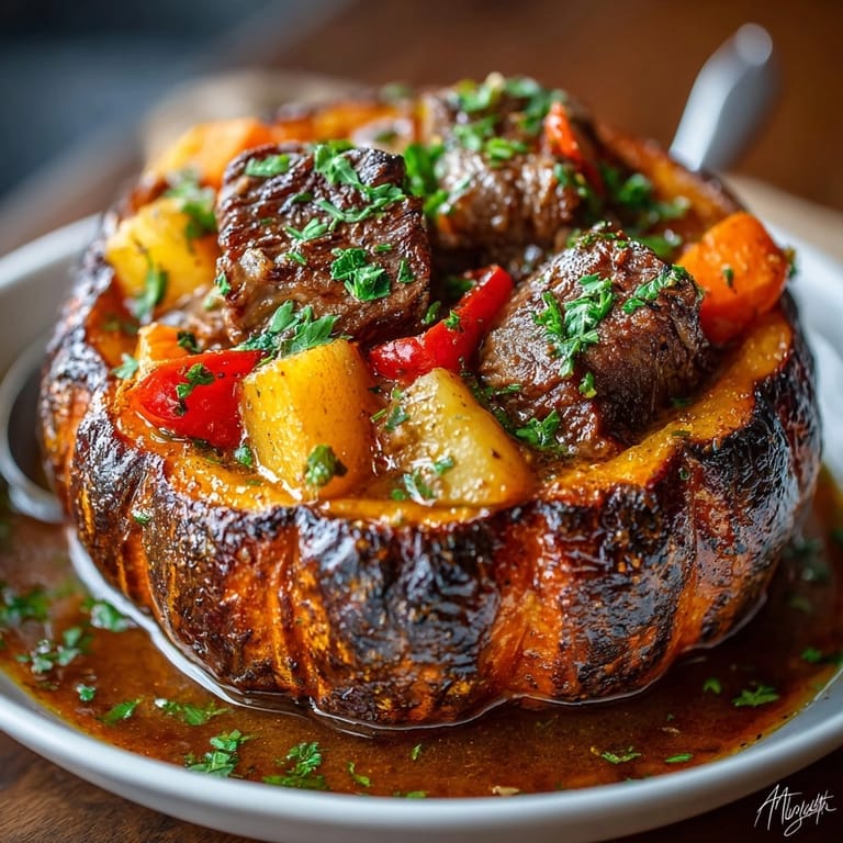 Warm, hearty Jack-o'-Lantern Beef Stew presented inside a tender roasted pumpkin for fall.