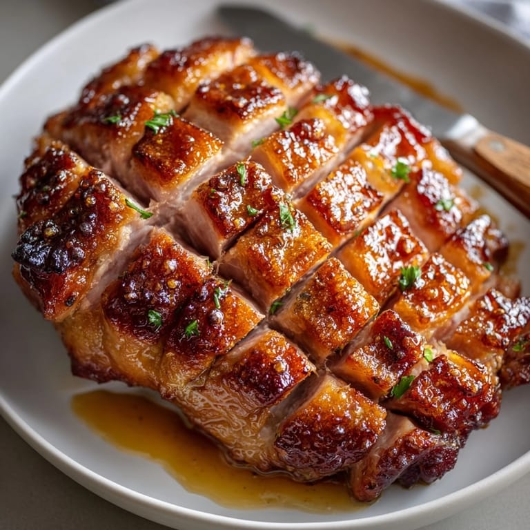 Deliciously baked Maple Bourbon Glazed Ham, carved and ready to serve for a holiday feast.