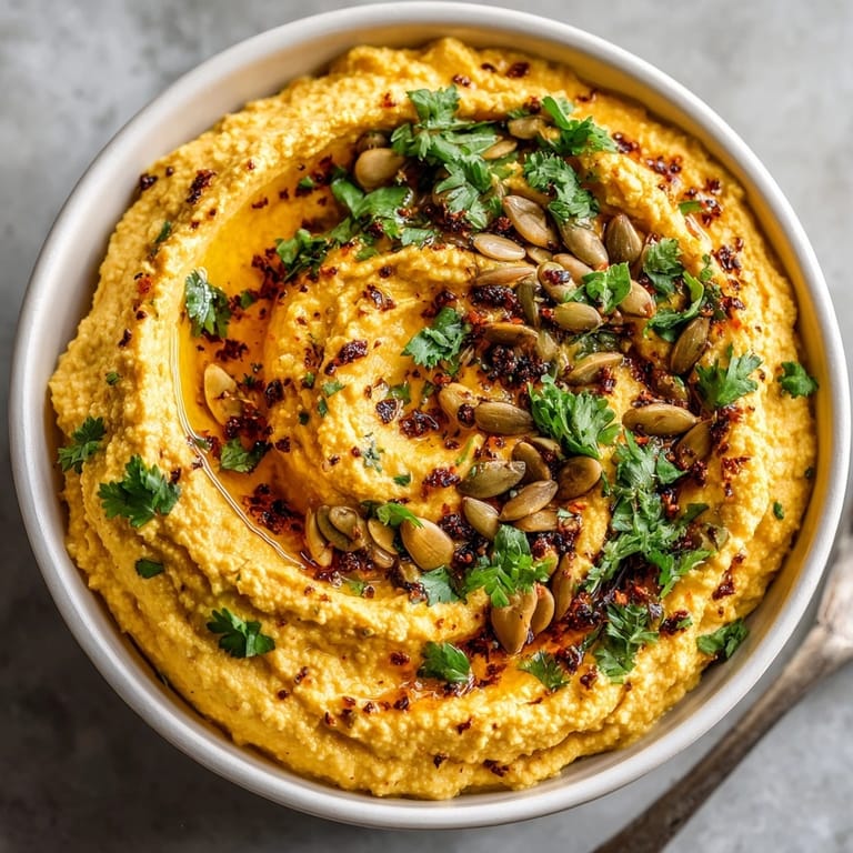Homemade Chai-Spiced Butternut Squash Hummus, garnished with pumpkin seeds and fresh herbs, a vibrant appetizer.