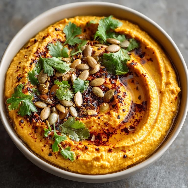 Enjoy the warm, spiced aroma of Chai-Spiced Butternut Squash Hummus, perfect for snacking.