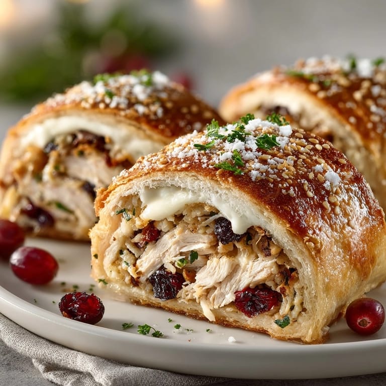 Savory Turkey & Cranberry Stuffing Stromboli, sliced and served warm with luscious cranberry sauce.