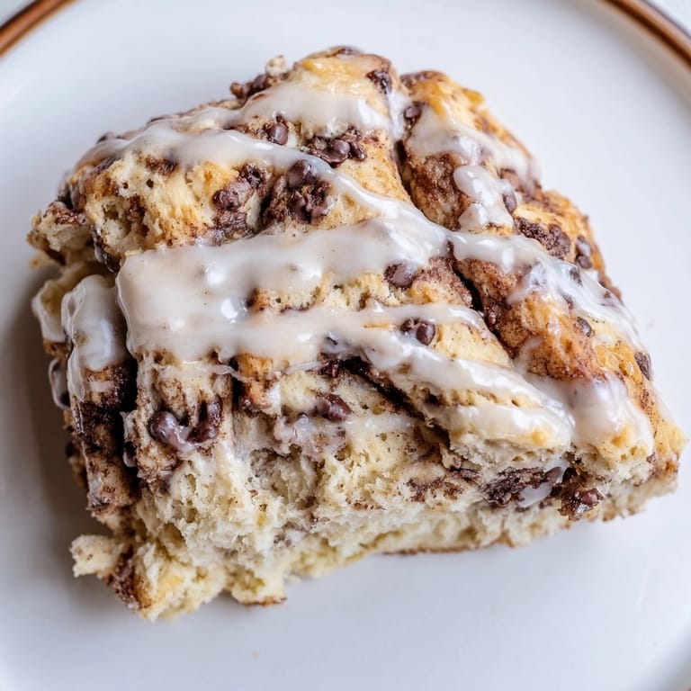 Warm your senses: Top-down view of delicious Chocolate Cinnamon Roll Scones with glaze drizzle.