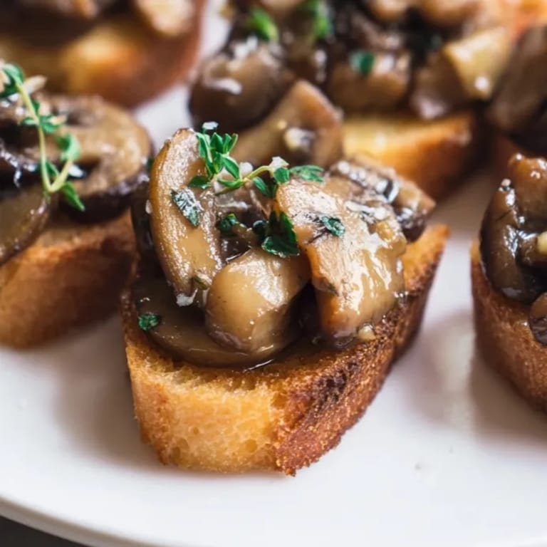 Close-up of savory Garlic Sautéed Mushroom Toast Sliders, featuring aromatic herbs and earthy mushrooms.