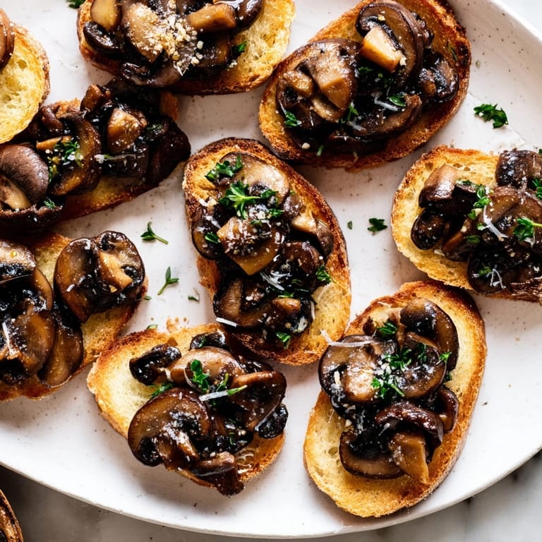 Delicious, toasted Garlic Sautéed Mushroom Toast Sliders drizzled with olive oil, a rustic comfort food.