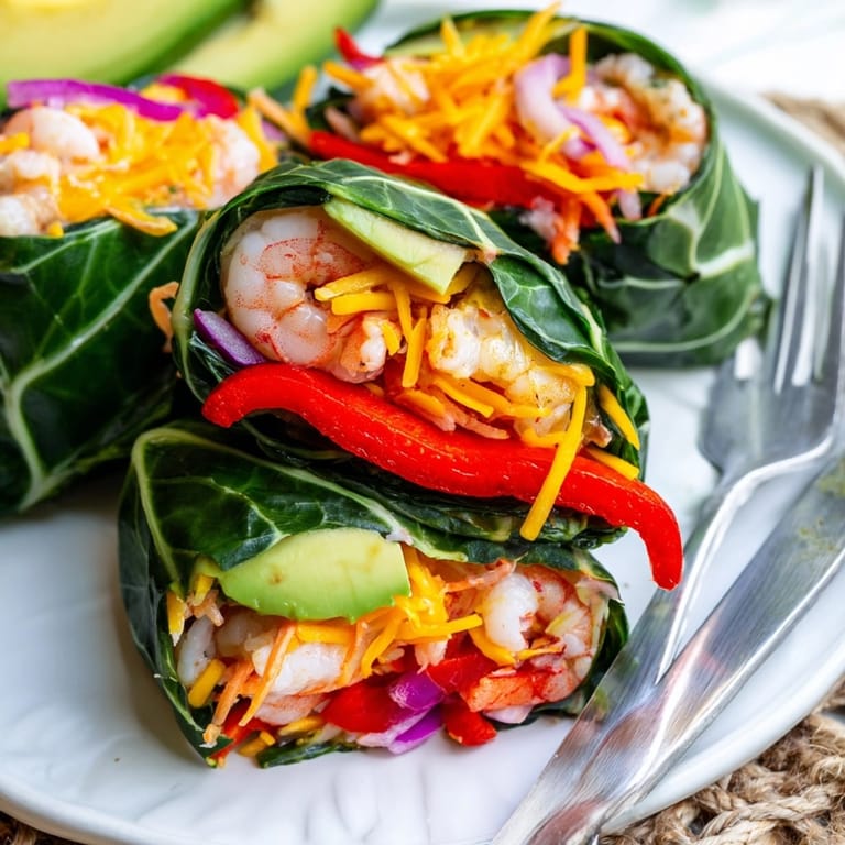 Close-up of Shrimp & Cheddar Collard Green Wraps showing colorful filling and tight roll.