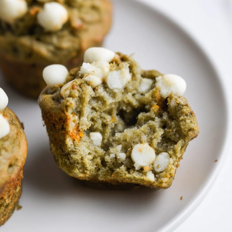 Golden-brown matcha white chocolate pumpkin muffins topped with melting chocolate chips.  