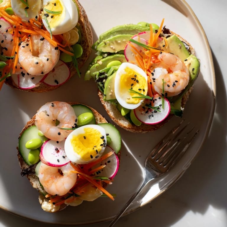 Vibrant Japanese bento open-face sandwiches featuring shrimp, eggs, and crunchy radishes.