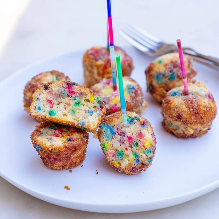Delicious Funfetti Cinnamon Sugar Muffin Pops served warm, perfect for a festive breakfast.  