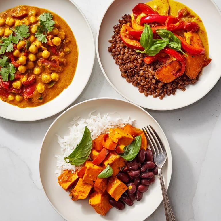 Rich Caribbean Sweet Potato Curry with black beans, elegantly plated and sprinkled with parsley.
