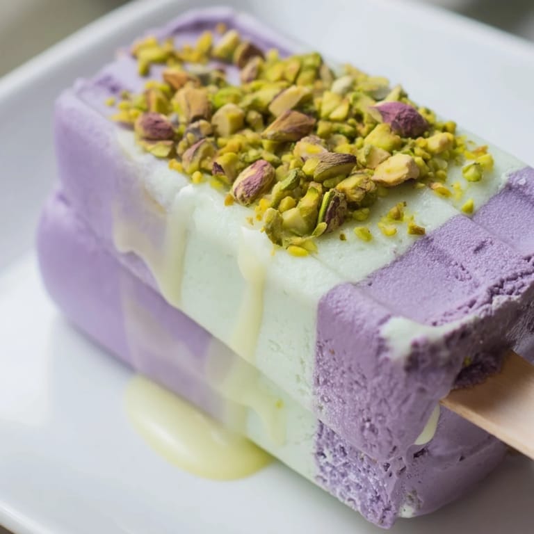 Vibrant ube and nutty pistachio layered ice cream bars drizzled with sweetened condensed milk.  
