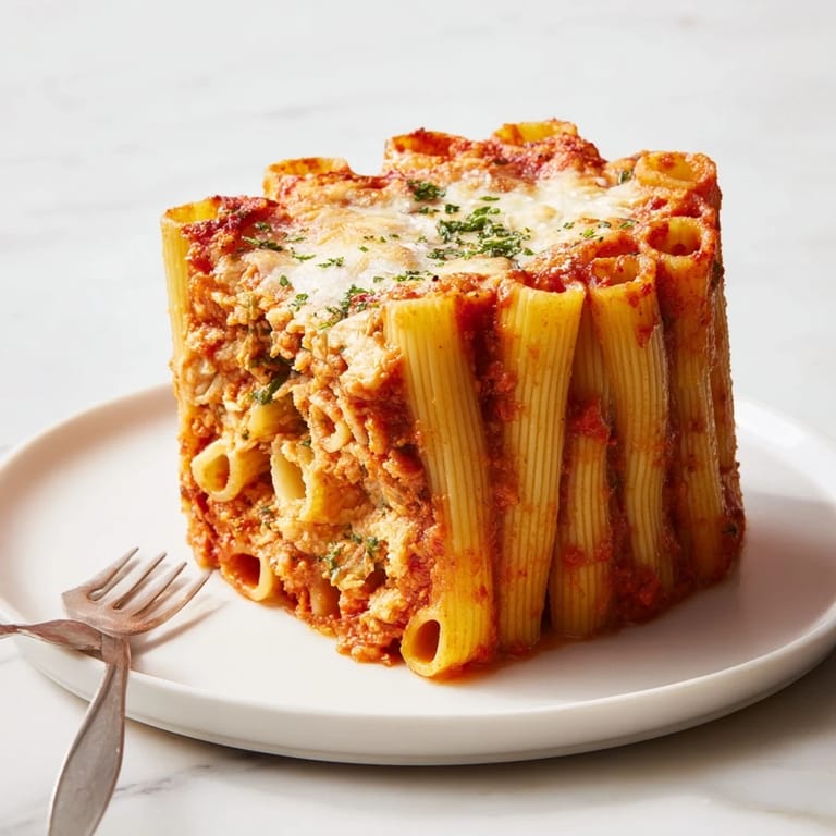 Gorgeous Honeycomb Pasta Cake, an Italian-American delight topped with melted mozzarella and parsley.