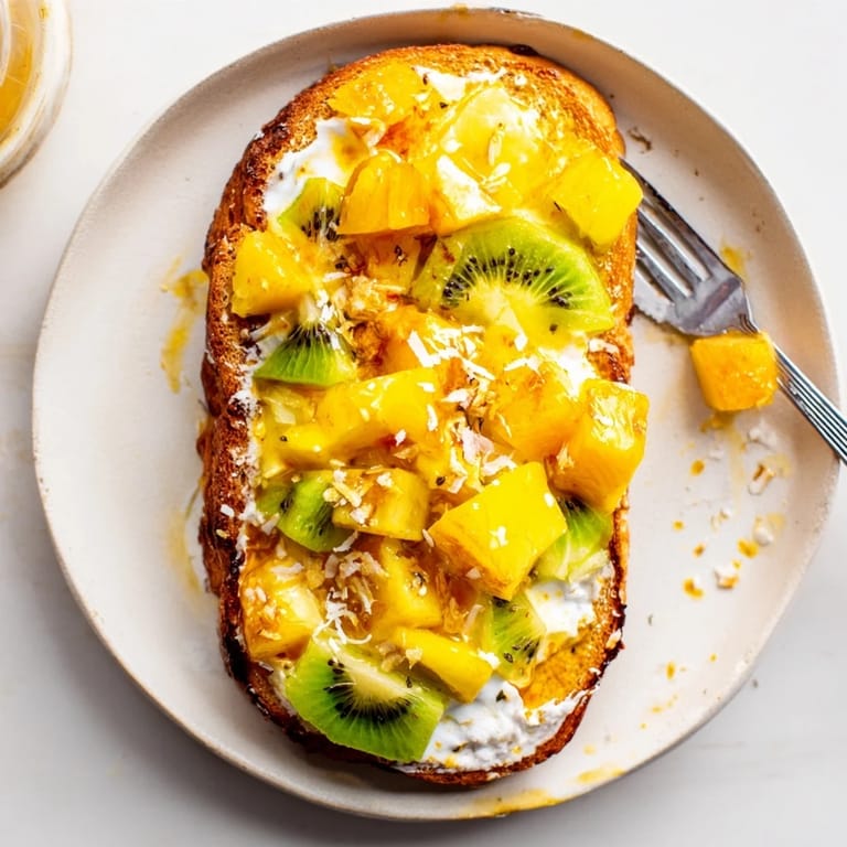 Deliciously creamy Yogurt-Custard Toast 2.0, perfect for a tropical brunch delight.  