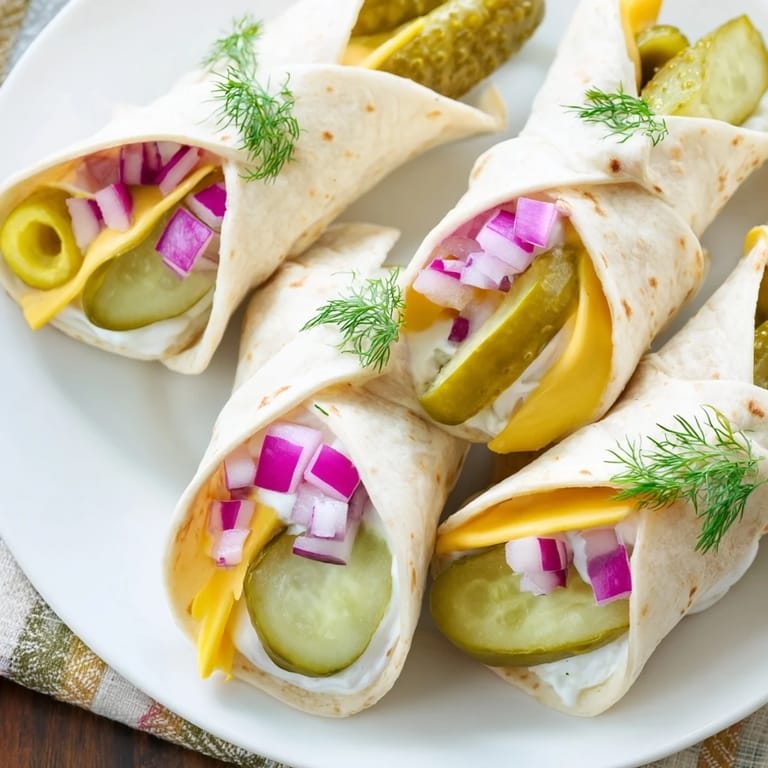 Tangy pickle-in-a-blanket snack, ideal for picnics or quick, savory bites.