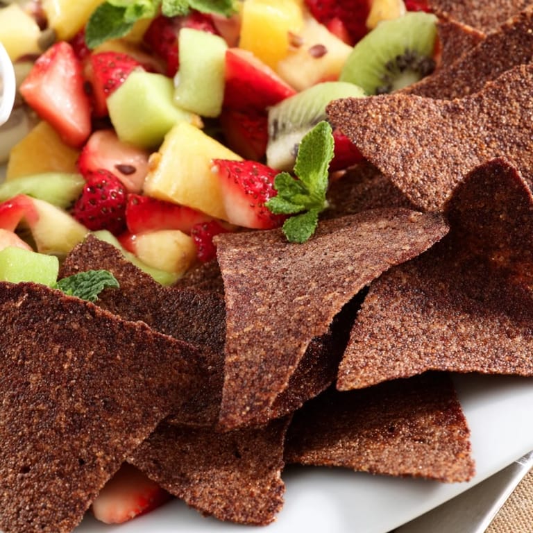 Delicious Dessert Chips & Salsa served on a platter, showcasing vibrant fruit medley.  