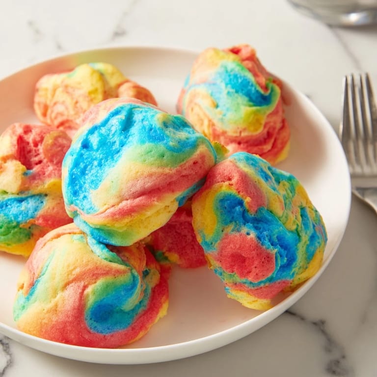Fluffy cloud bread with swirling rainbow colors, a whimsical party food idea.