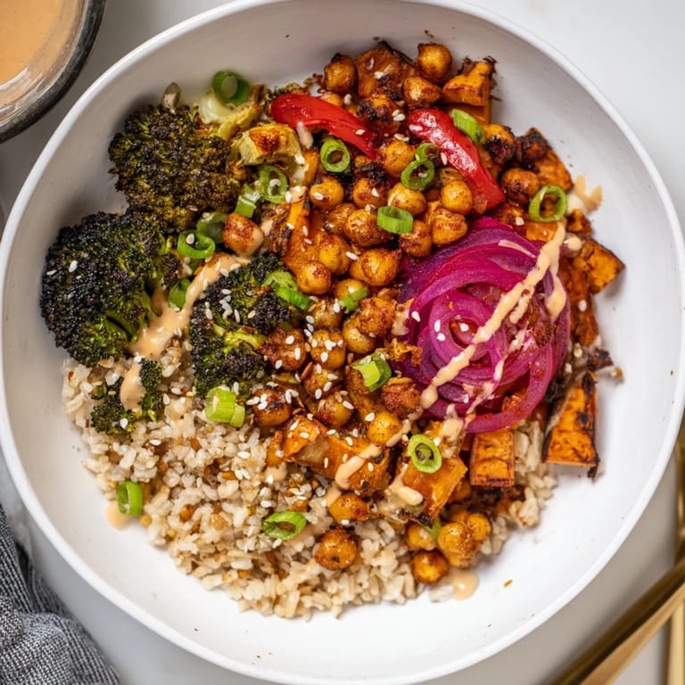 Satisfying Bold Sauce Drizzle Bowls featuring roasted chickpeas and colorful vegetables.