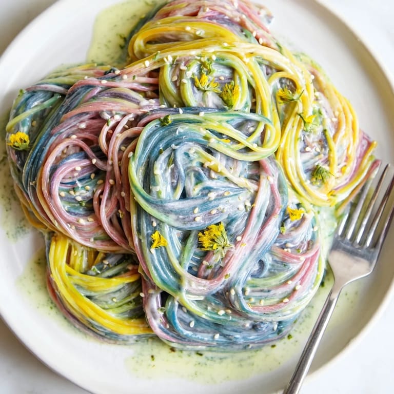 Delight in colorful Neon Noodle Cloud, topped with scallions and sesame seeds.  