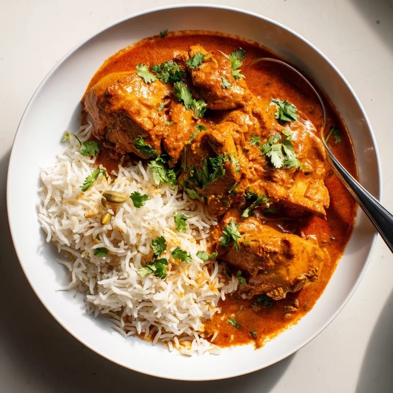 Comforting butter chicken with spices and creamy sauce, alongside aromatic basmati rice pilaf.