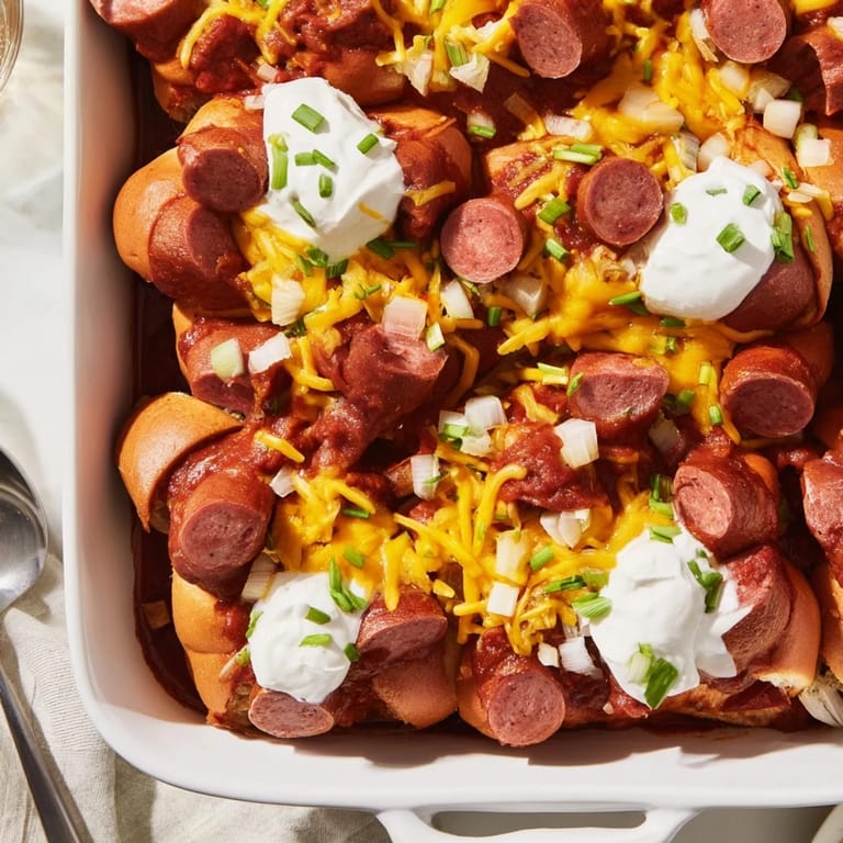 Comforting Chili Dog Casserole bursting with flavors, great for game day gatherings.  