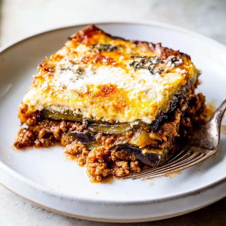 Layers of tender eggplant and spiced beef in Moussaka, perfect for cozy dinners.  