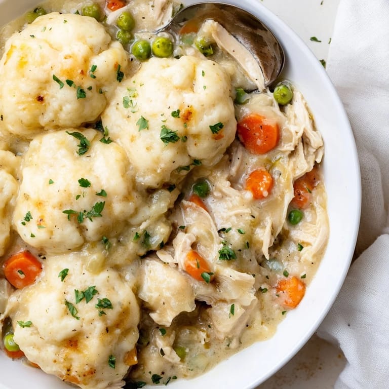Comforting Chicken and Dumplings Casserole bubbling in a creamy, savory sauce.  