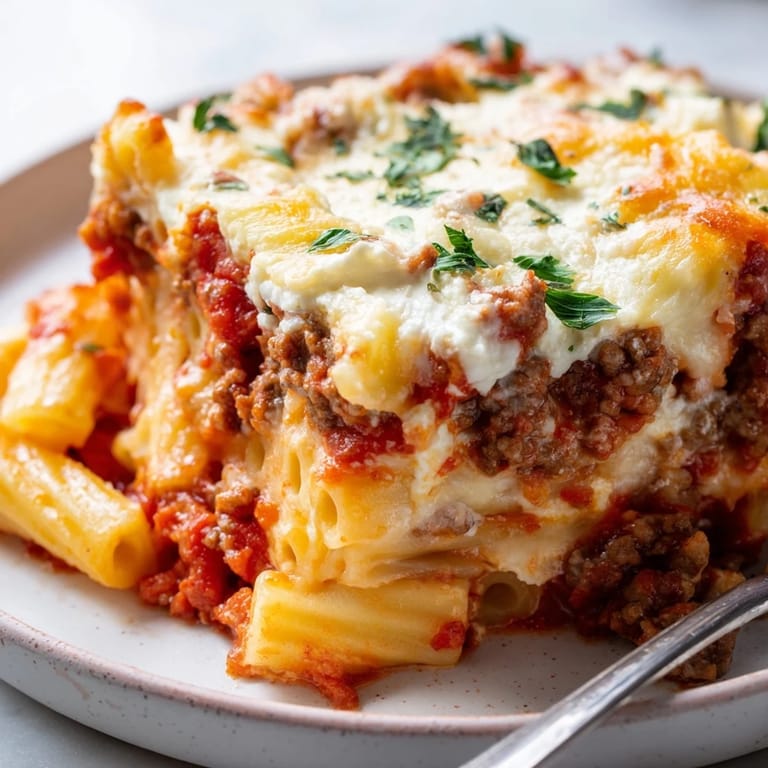 Savory baked ziti with rich meat sauce, topped with bubbling mozzarella goodness.  