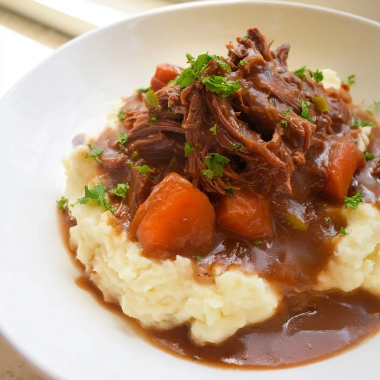 Close-up of a flavorful Slow Cooker Pot Roast with mashed potatoes, perfect for a cozy dinner.