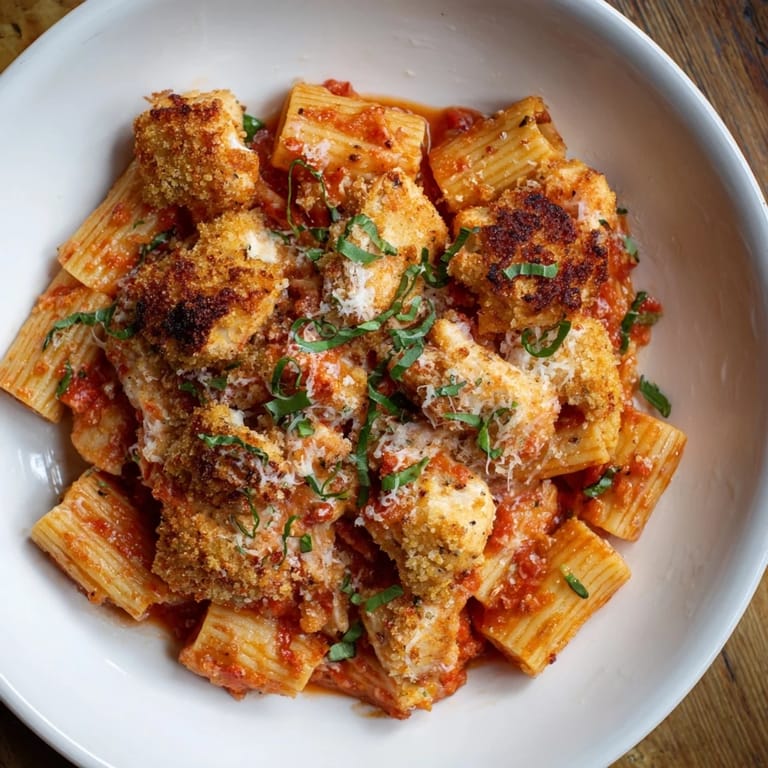 A close-up view of steaming Baked Chicken Parmesan Pasta, showcasing ooey-gooey melted cheese and breadcrumbs.