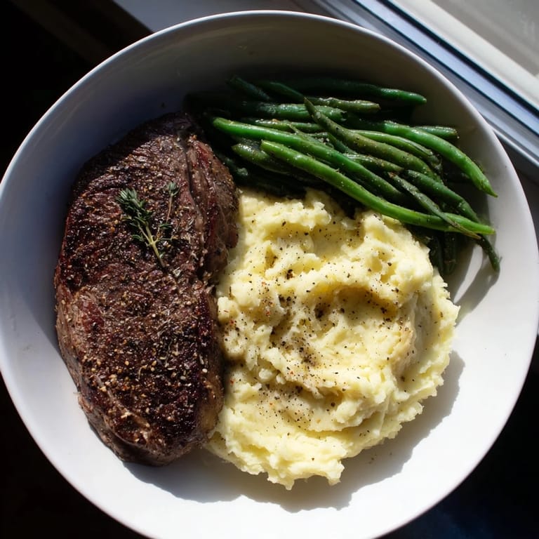 Golden-brown sirloin steak with garlic mashed potatoes, a complete Steak & Garlic Mash sheet pan dinner.