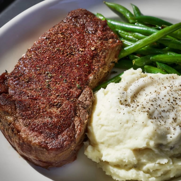 Sizzling Steak & Garlic Mash with roasted green beans, a delicious sheet pan meal for serving.