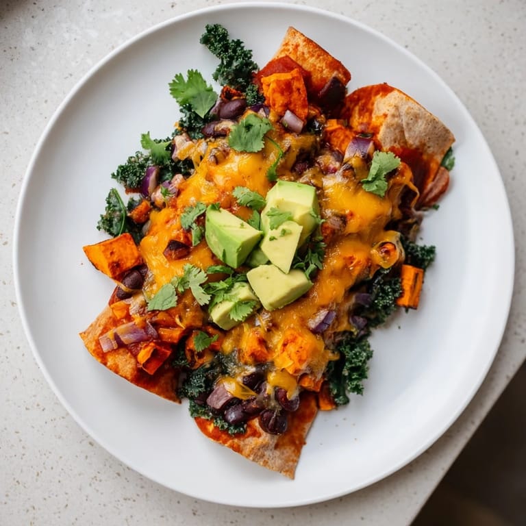 Smoky aromas of roasted veggies infuse these one-pan sweet potato, black bean & kale enchiladas, topped with melted cheese.