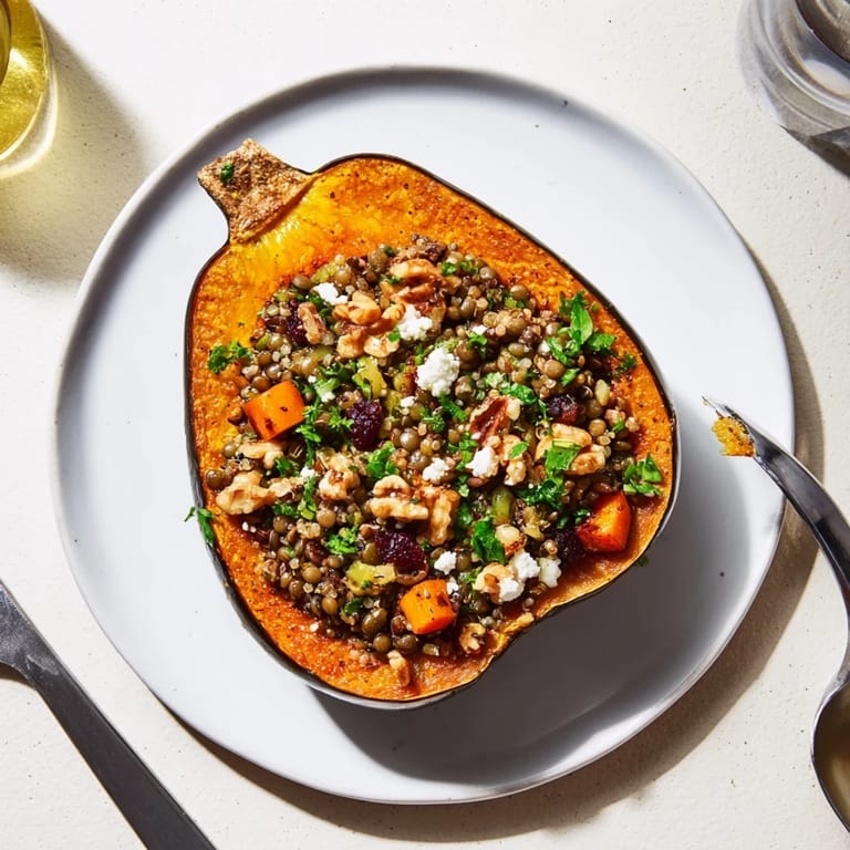 Warm, inviting photo: A baked Lentil & Walnut Stuffed Acorn Squash, topped with herbs and cheese.