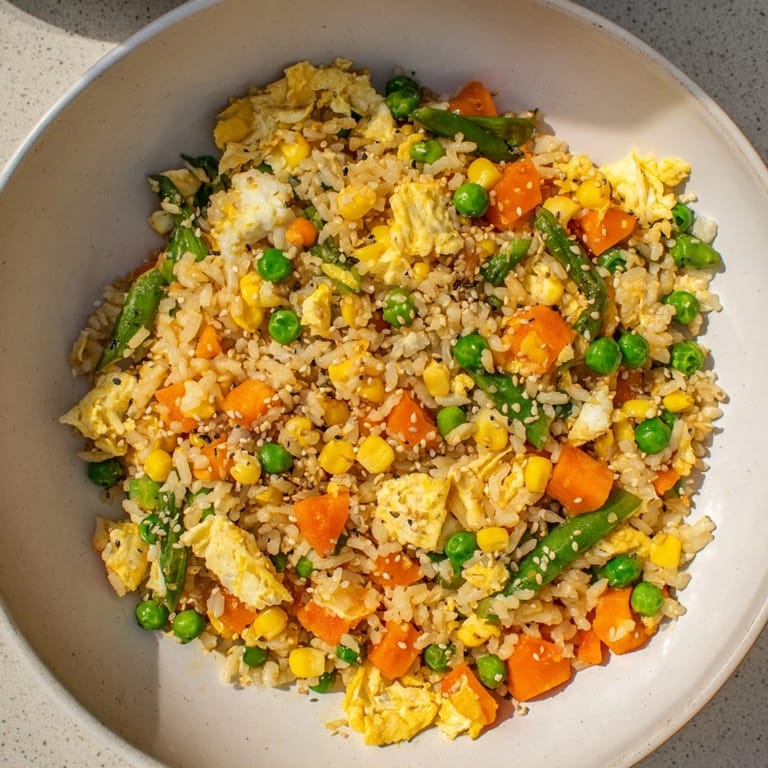 A close-up view of flavorful Frozen Veggie Fried Rice, garnished with green onions and sesame seeds.